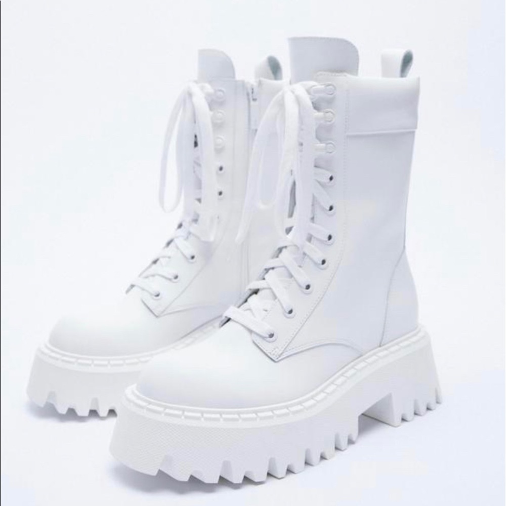 Zara white leather combat boots with lug soles size 37